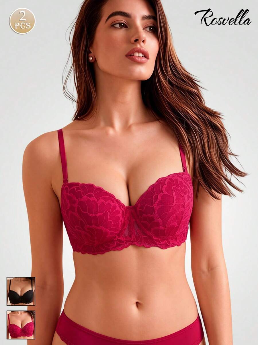 2PCS Embroidered Lace Underwire Bra With Padded Cups For Women, Push Up Support Sexy Cross Tie Back Design, Junior To Plus Size Lingerie Top