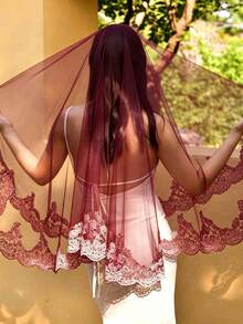 A Burgundy Lace Wedding Veil With A Comb, Vintage And Elegant, Face-Covering, Wedding Accessory, Suitable For Middle Eastern Weddings And Halloween - Multicolor - View 11