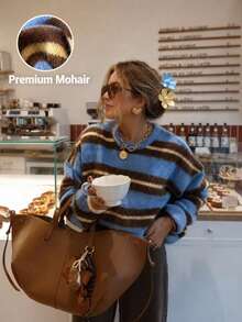 Women's Loose Round Neck Colorblock Striped Long Sleeve Knit Sweater, Vintage Casual Daily Versatile Commuter Top, Suitable For Vacation And Autumn - Blue - View 3