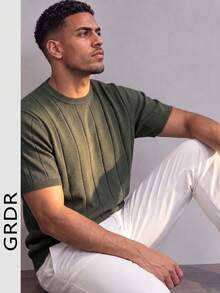 GRDR Men's Thin Summer Knit Sweater Solid Color Ribbed Short Sleeve, Sports Casual, Suitable For Outdoor Sports - Army Green - View 5