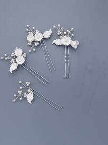1 Set Multi-Piece Ceramic Flower & Leaf Faux Pearl Beaded Fashion Hair Sticks, Suitable For Wedding, Daily Wear, Party Women's Hair Accessories - Silver - View 2