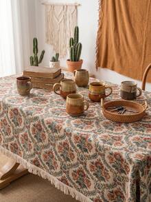 1pc Beige Background Blue Red Green Vintage Paisley Floral Pattern Tablecloth, Retro Bohemian Style Woven Fabric Material, Rectangular Beige Tassel Edge Detail, Stain-Resistant Protective And Decorative Function For Home Dining Table, Suitable For Bohemian Dining Table Decor And Daily Home Scenes - Khaki - View 2