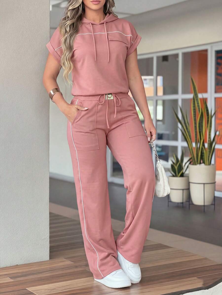 Women's Spring/Autumn New Solid Color Minimalist Hooded Short Sleeve Top And High Waist Straight Leg Pants 2 Pieces Set Pink Elegant Summer - Pink - View 1