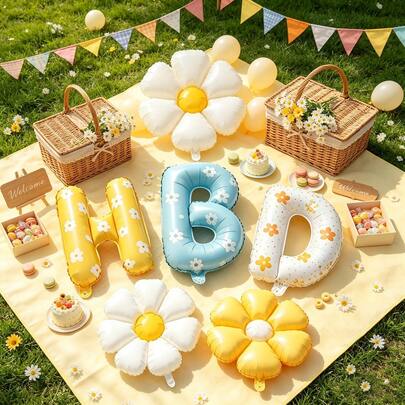 HBD Letter Daisy Balloon Set, Featuring White, Yellow, Pink, And Off-White Daisy Balloons, And HBD Letter Foil Balloons. Suitable For Birthday Party Decorations, Home Decor, Atmosphere Creation, Wedding-Themed Parties, Christmas Decorations, And Indoor/Outdoor Decorative Items.