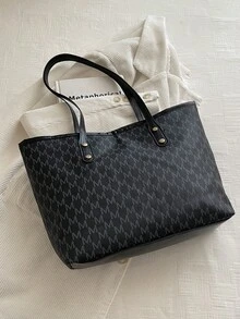 1 buah Tas Bahu Motif Seluruh Permukaan, Tas Selempang Motif Huruf Vintage, Tas Jinjing Kapasitas Besar, Tas Ketiak Sempurna untuk Bepergian (Liontin Kiri/Kanan Acak) - Hitam - View 10