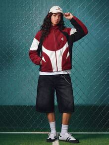 EVRINFINITE Mens Red Geometric Hooded Jacket, Loose Fit Zip Up Drawstring Casual Spring Fall Outerwear With Pockets - Red - View 8