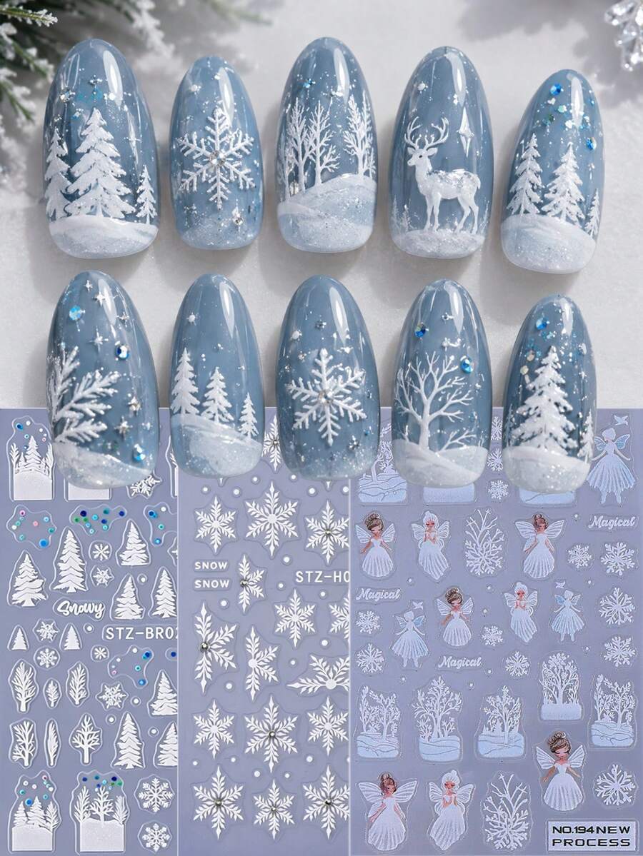 3 Sheets 5D Embossed Winter Snowflake Nail Stickers - 3D Blue Snowy Forest, Christmas Tree & Rhinestone Decals For DIY Holiday Manicure, Elegant Seasonal Nail Art Decor & Gift For Women Girls - White - View 1