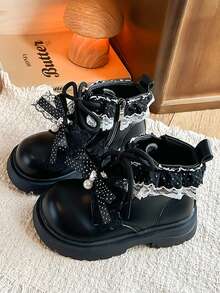 1 Pair Girls Dark Style Ankle Boots Pearl Polka Dot Bow Soft Leather Thick Sole Non-Slip Princess Boots - Black - View 5