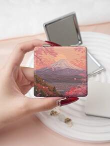 1pc Ins Landscape Series Folding Makeup Mirror, Lightweight Ultra-Thin Portable Durable PU Leather, Suitable For Various Occasions Travel Party Work School, Fits All Ages Universal - Multicolor - View 9