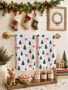 2pcs Minimalist Christmas Tree & Red Bow Polka Dot Pattern Kitchen Towels, 40*60cm Soft Microfiber Tea Towels, Suitable For Home Kitchen Restaurant Outdoor Camping Tabletop Cleaning Dish Cloth Hand Towel Accessories, Winter Christmas Theme Kitchen Towels Holiday Gift - Multicolor - View 5