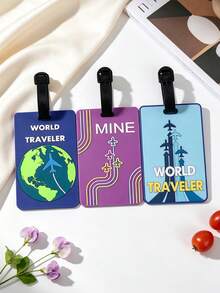 3PCS Globe Travel Theme Luggage Tags Airport Checked Baggage Anti-Mistake Identification Plates Earth Airplane Cartoon Pattern Suitcase Pendant Fillable Personal Information Luggage Name Label Road Trip Suitcase Name Tag Party Gift Birthday Gift - Multicolor - View 2