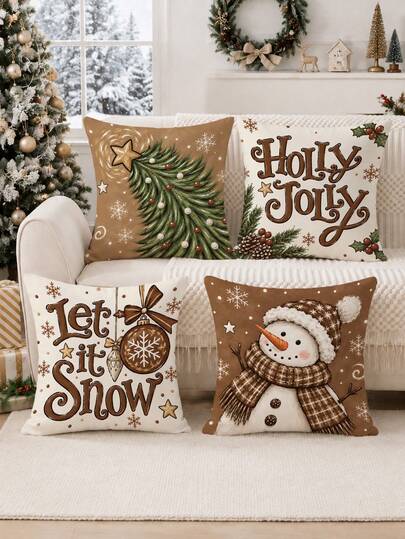 MEMNUN 4pcs Winter Christmas Brown Star Christmas Tree Snowman Print Pillow Covers 40*40cm/45*45cm/50*50cm Christmas Decor Single-Sided Printing Made Of Polyester Material Holly Jolly Let It Snow Christmas Ball Pine Branch Plaid Scarf Star Christmas Tree Christmas Theme Decorative Sofa Cushion Covers Without Pillow Insert Room Decor, Home Decor, Bedroom Decor Christmas Gift