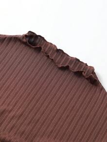 Elegant Minimalist Frill Trim Mock Neck Ribbed Long Sleeve Slim Fit Stretch Base Layer Top, Flattering Innerwear For Commuting Autumn Winter - Brown - View 9