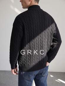 GRKC 男士半拉鍊立領寬鬆版型復古休閒毛衣 秋冬款 - 黑色 - 查看 5