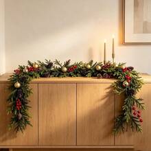 Christmas Pine Needle Garland With Red Berry And Ball Hanging Vines - Gold - View 2