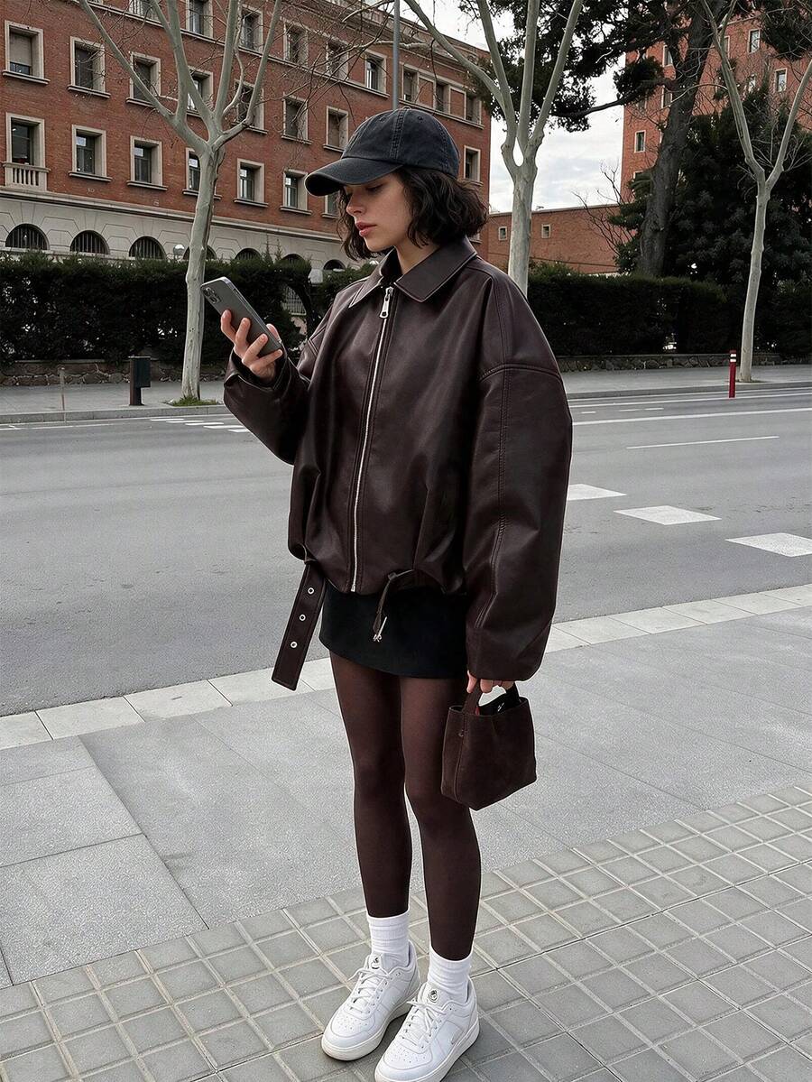 Women's Vintage Aviator PU Leather Jacket, Solid Color Casual Zipper Style With Pockets, Regular Fit Winter Coat Fall - Reddish Brown - View 1