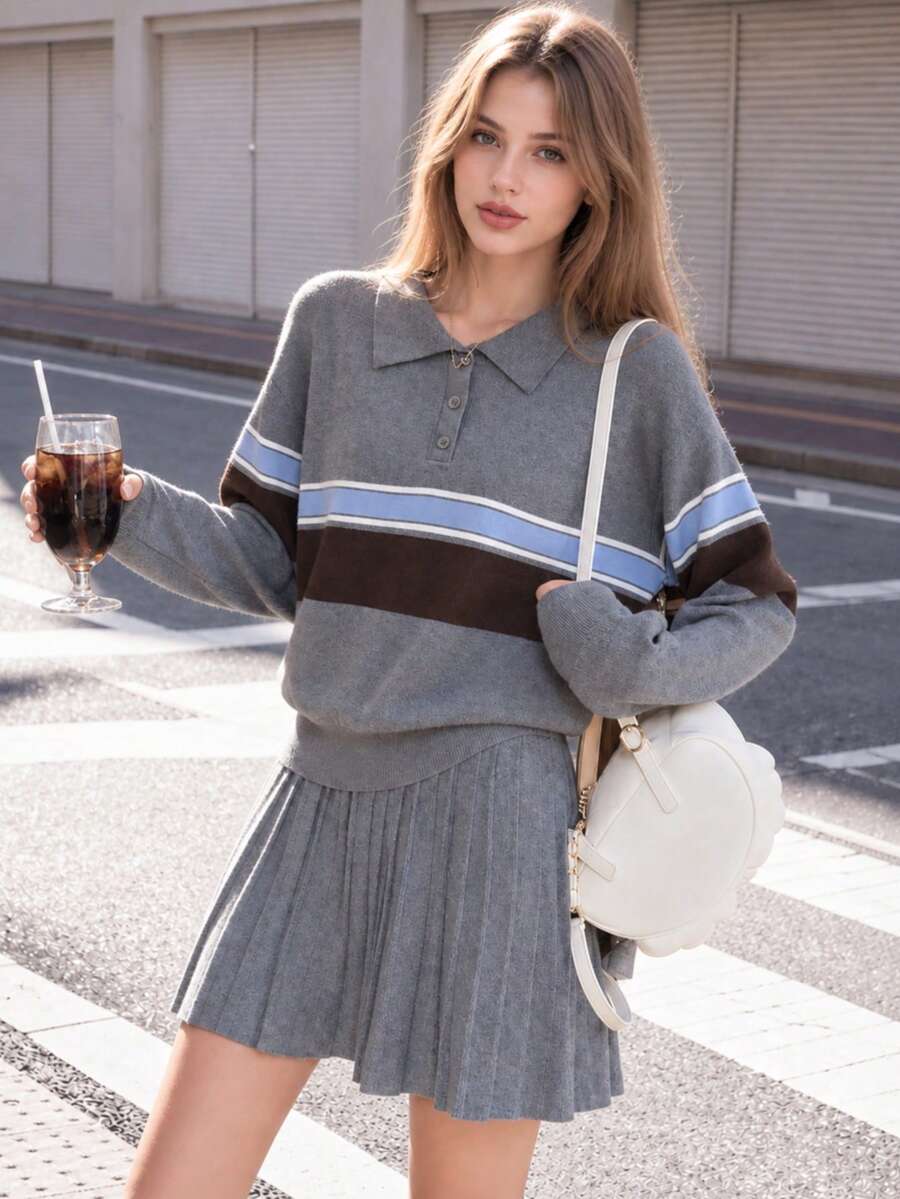 Women's Autumn/Winter Casual Minimalist Preppy Style Collared Pullover & Skirt 2 Pieces Set - Grey - View 1