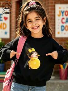 Girls' Cute Printed Drop-Shoulder Round-Neck Long-Sleeve Casual Sports Sweatshirt - Black - View 9
