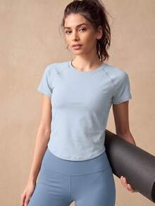 Soyun New Women's Mesh Back Breathable Short Sleeve Yoga Pants Set, Curved Design, Suitable For Outdoor Activities - Baby Blue - View 6