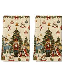 2pcs Vintage Nutcracker Ballet Dancer Christmas Hand Towels, Mouse King Rocking Horse Christmas Tree Print Kitchen Bathroom Towels, Winter Holiday Farmhouse Home Decor Gift - Multicolor - View 9