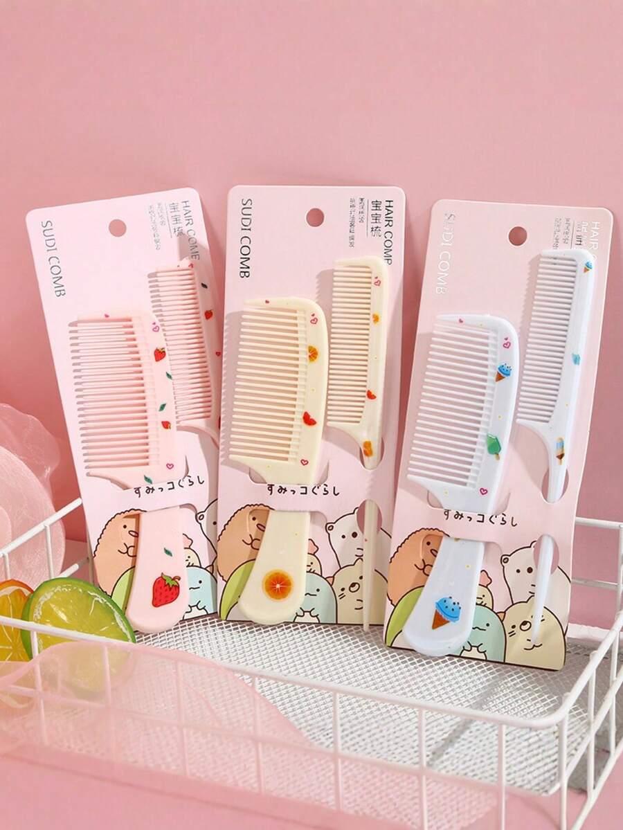 2 Pcs Fruit Pattern Comb Set - Durable ABS Plastic Rat Tail Comb With Fine & Wide Teeth For Smoothing Styling, Suitable For All Hair Types - Multicolor - View 1