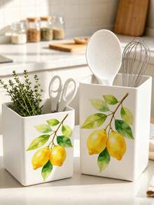 1pc Abstract Watercolor Lemon Branch Multi-Functional Storage Organizer Box - Tableware Storage Box, Desktop Organizer Rack (Suitable For Storing Tableware, Straws, Tea Bags, Pens, Remote Controls); Compact And Space-Saving, Suitable For Kitchen, Office, Living Room (Please Note The Size Before Ordering) - Multicolor - View 2