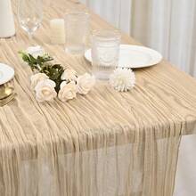 長方形桌巾 180*90CM、300*90CM、400*90CM，起司布桌巾，波希米亞風薄紗起司布桌巾，鄉村風透明桌巾，適合婚禮、節日聚會、畢業派對、生日或節日派對蛋糕桌裝飾，浪漫宴會桌裝飾皺褶桌巾，適合戶外與室內使用，多彩桌巾 - 米色 - 查看 5