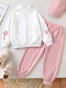 2pcs/Set Girls Toddler Autumn/Winter Sweet Style Bow Print Zipper Stand Collar Sweatshirt And Cuffed Pants Fashion Minimalist Casual Versatile Outfit - Pink - View 3