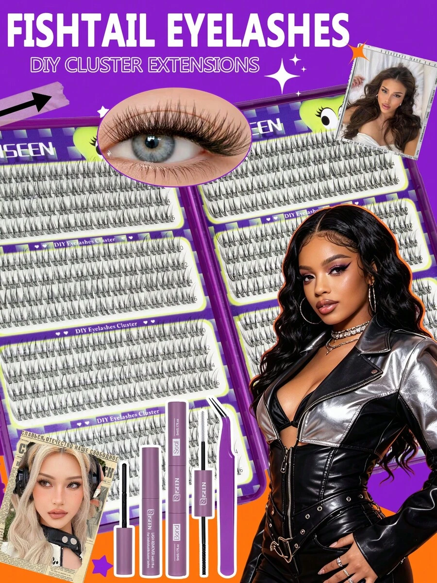 ISEEN 384pcs C-Curl Natural False Eyelash Clusters Set, DIY Eyelash Extension Kit, Soft And Comfortable, Includes Glue, Sealer, Remover And Tweezers, Fine And Soft Daily Cluster Lashes, Suitable For Convenient And Quick DIY Eyelash Makeup At Home, For Personal Use - Multicolor - View 1