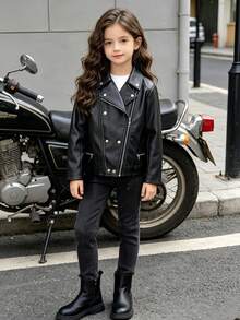 Tween Girl Fashion Casual Spring/Autumn/Winter PU Leather Zipper Front Motorcycle Jacket - Black - View 2