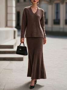 Autumn/Winter New Gentle Knit Sweater 2 Pieces Set For Travel And Dating - Brown - View 6