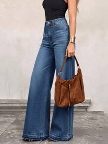Women's Wide Leg Denim Jeans, Fashionable Rhombus Pattern With Large Front And Back Pockets, Versatile Pants - Dark Wash - View 3