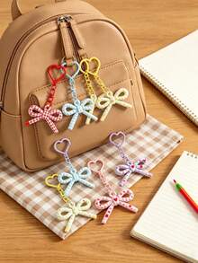 10/5/1pc Colorful Plaid Polka Dot Bow Keychain, Heart Buckle Cute Bag Pendant, Macaron Color Bow Hanging Decoration Accessory - Multicolor - View 2