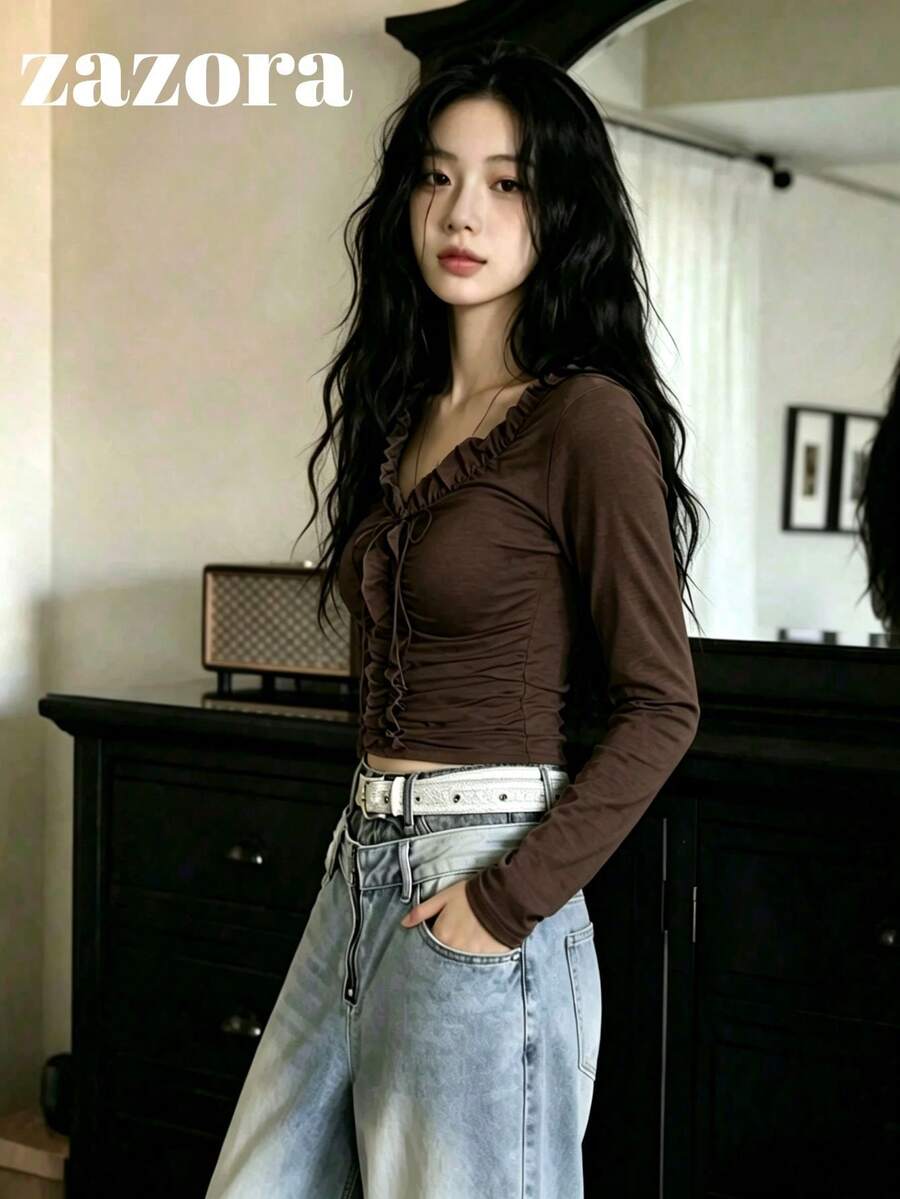 Korean Style Niche Exquisite 3D Ruffle Trim Long Sleeve T-Shirt For Women, Unique Inner Layer Top - Brown - View 1