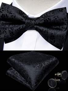 5Pcs Men Black Small Floral Jacquard Self‑Tie Bow Tie Pocket Square Cufflinks Ring Boutonniere Set, Cufflinks Pattern Random For Wedding - Black - View 4