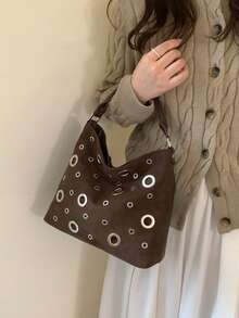 Fashion Metal Eyelet Decor Handbag, Adjustable Strap Versatile Crossbody Bag Shoulder Bag, Suitable For University, Commuting, Shopping, Street Strolling, Daily Use. - Coffee - View 6