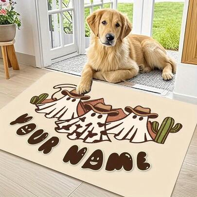 Custom Name And Text Doormats, Featuring Adorable Little Ghost Designs. Available In Various Sizes, These Mats Are Soft, Durable, Machine Washable, And Easy To Clean. Lightweight, Soft, And Comfortable, They're Perfect For Indoor And Outdoor Use, Inc