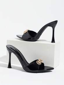 Women's Black Shell Metal Decor Single Strap High Heel Mule Slippers Pointed Toe Open Toe Stiletto Sandals For Daily Wear Party Evening Event - Black - View 7