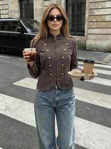 Women's Stand Collar Double Breasted Jacket, Shoulder Epaulette Decor Long Sleeve Slim Fit Vintage Coat - Brown - View 3
