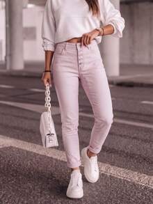 Women's High Waist Elastic Harem Pants, Spring/Autumn Multi-Color Washed Slim Fit Boyfriend Style Daily Multi-Button Elastic Tight Vintage Casual Pants - Light Pink - View 3