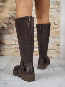 Fall/Winter 2025 Simple & Fashionable Women's Knee High Boots, Non-Slip, Comfortable, Versatile Buckle Decor, British Style, Plus Size - Brown - View 6