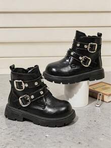1 Pair Girls' Cool Black Luxury Fashion Short Ankle Riding Boots, Glossy PU Leather Upper, Double Buckle Design With Rhinestone Decor And Metal Square Buckle, Side Zipper, Round Toe, Suitable For Children, School, Commute, Outdoor, Autumn/Winter New Style - Black - View 2