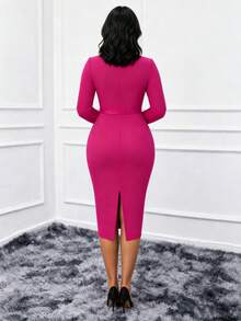 NOU Women's Mid-Length Basic Fitted Long Sleeve Dress With Contrast Panel, Round Neck, Side Chest Button Decor, Belt, Waist-Cinching Bodycon Pencil Skirt - Hot Pink - View 7