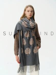 1pc Women's Embroidered Tree Of Life Plant Element Versatile Casual Elegant Scarf For Autumn/Winter Daily Wear - Dark Grey - View 1