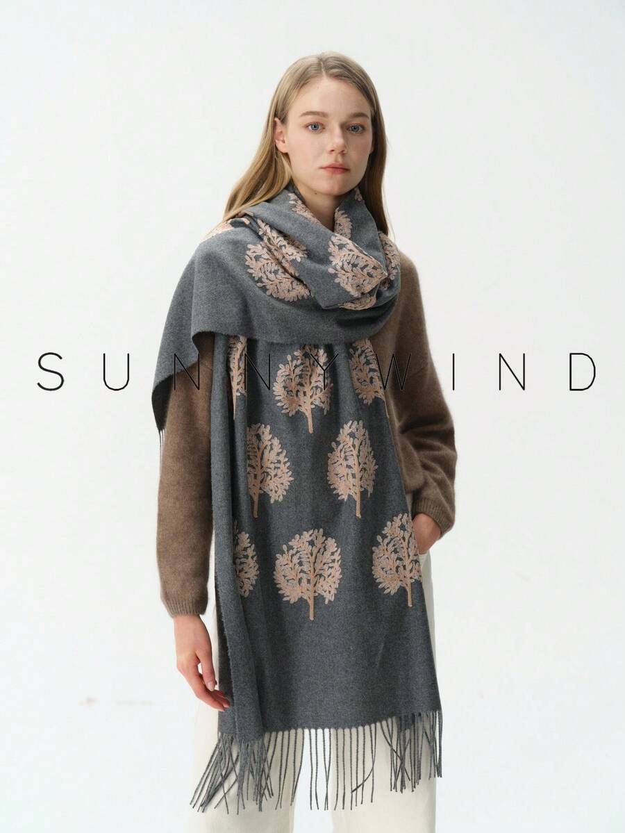 1pc Women's Embroidered Tree Of Life Plant Element Versatile Casual Elegant Scarf For Autumn/Winter Daily Wear - Dark Grey - View 1
