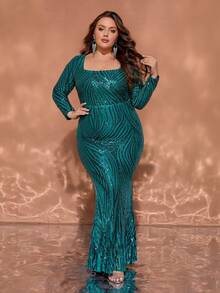 Plus Size Elegant Green Sequin Long Sleeve Square Neck Maxi Party Evening Dress - Green - View 4