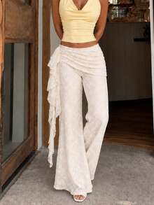 Women's Fall/Winter White Ruffle Trim Tie-Waist Slim-Fit Elegant Trousers - Suitable For Commuting, Halloween/Christmas Festivities, Back-To-School - White - View 5