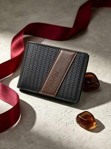 1pc Woven Contrast Color Short Bifold Wallet, Multi-Card Slot Large Capacity PU Leather Card Holder, Business Casual Portable Card Case, Birthday Gift, Father's Day Gift - Black - View 11