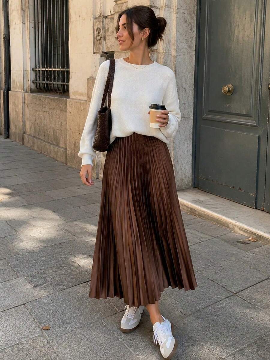 Women's Brown Ruffle Hem Pleated Midi Skirt, Summer Casual - Coffee Brown - View 1