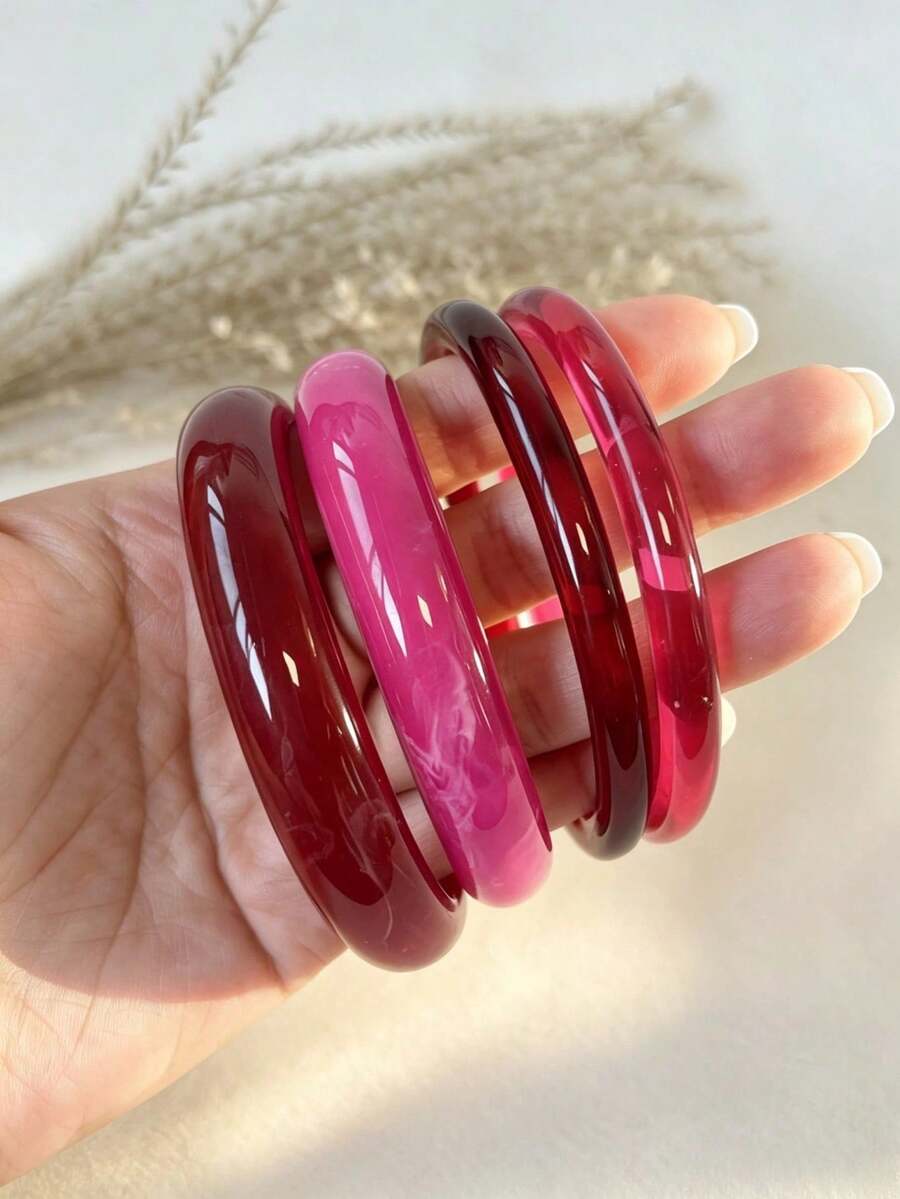 4pcs Elegant Vintage Acrylic Round Thin Bangle Bracelet Set, Women's Fashion Minimalist Design, Suitable For Daily Wear And Party Occasions - Multicolor I - View 1